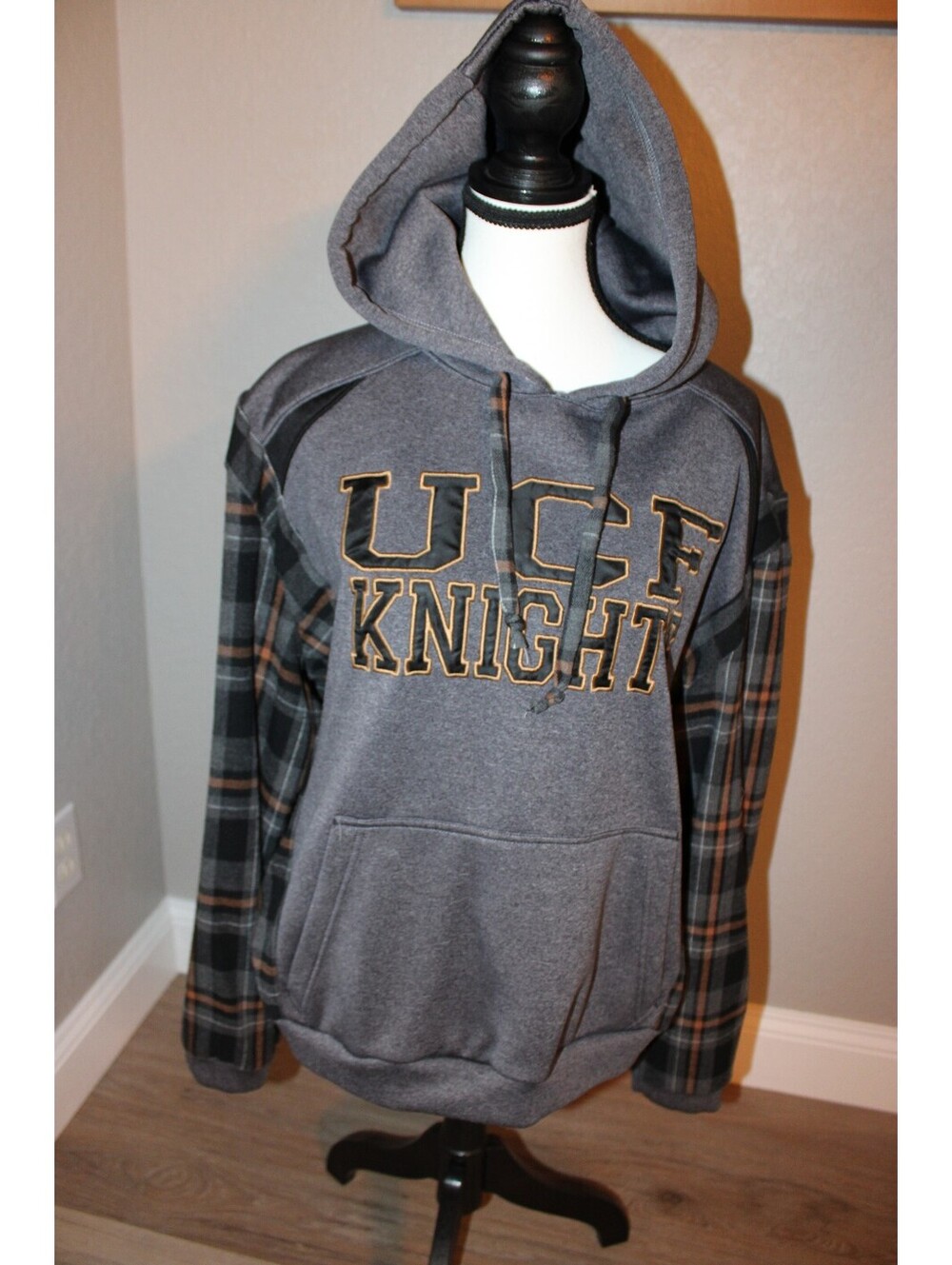 UCF Knights Hooded Sweatshirt with Plaid Flannel Sleeves, Med/Large